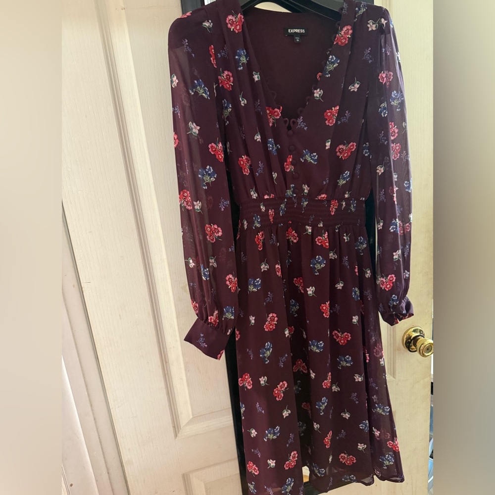 Express Burgundy Floral Long Sleeve Dress